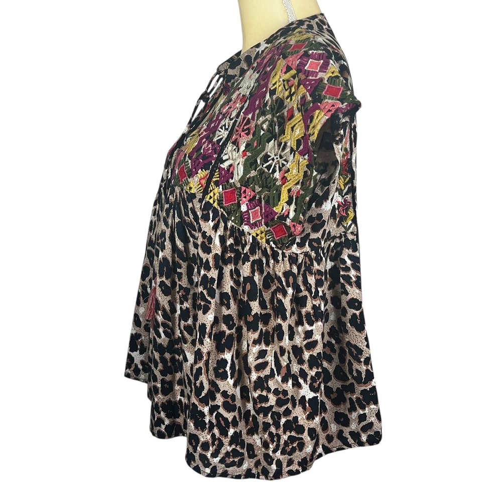 THML Women's Leopard Print Embroidered Tassel Top Size Medium - Picture 13 of 16